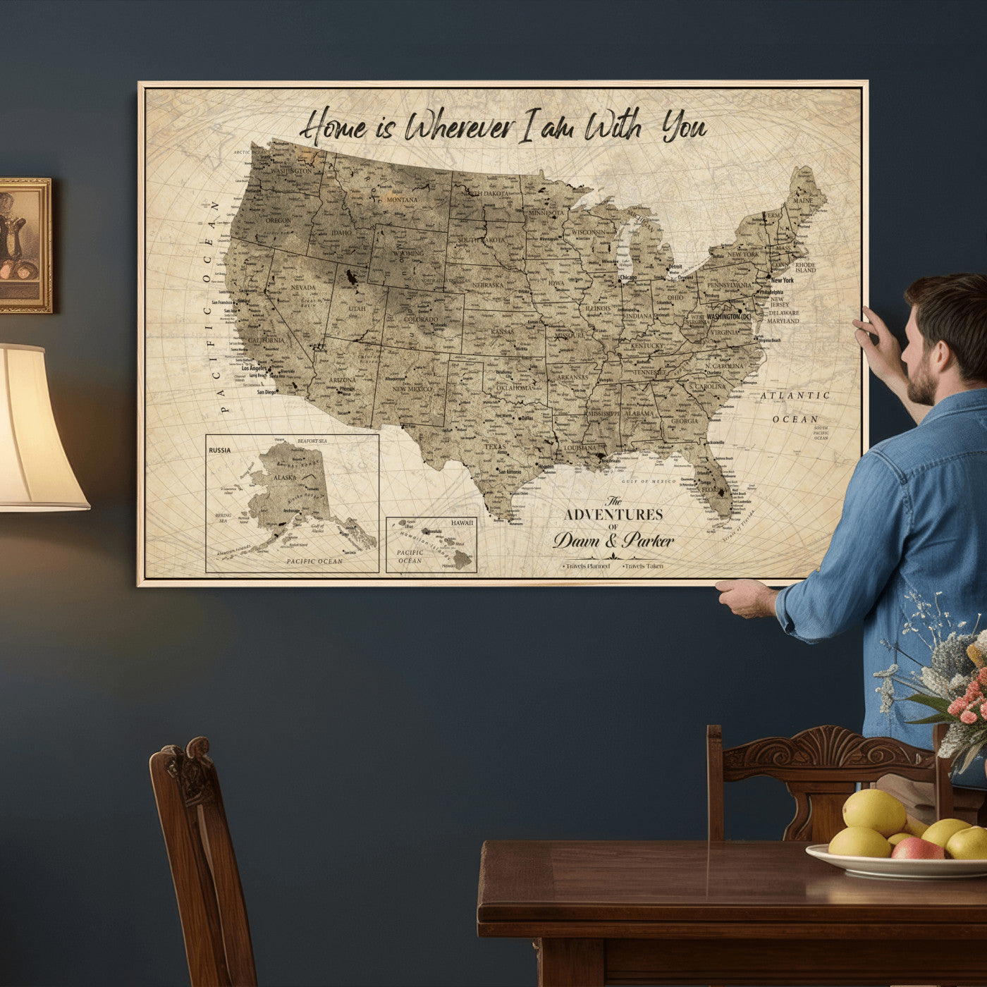 25440520-MGV-CV-36X24 - Personalized United States Map Canvas Wall Art with Push Pins Detailed