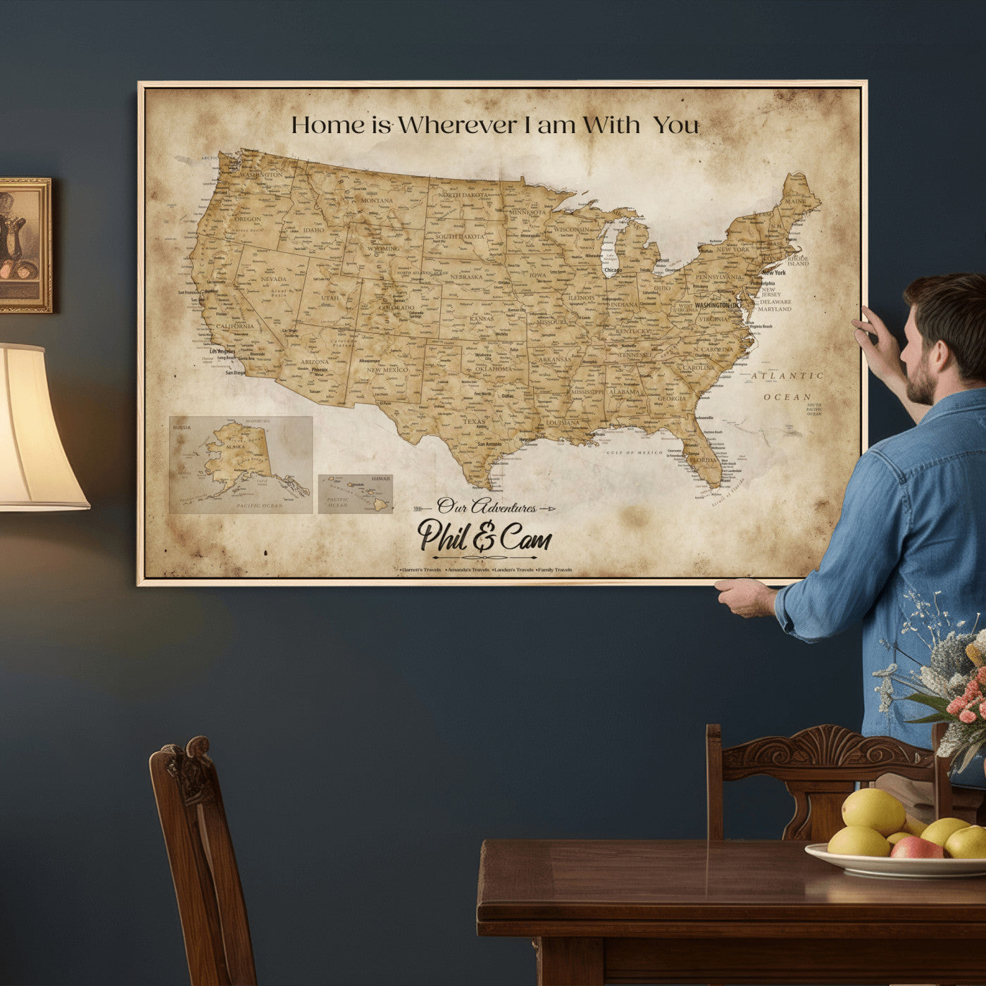 80624553-MGV-CV-36X24 - Personalized USA Push Pin Travel Map Canvas Wall Art Custom Family Gift