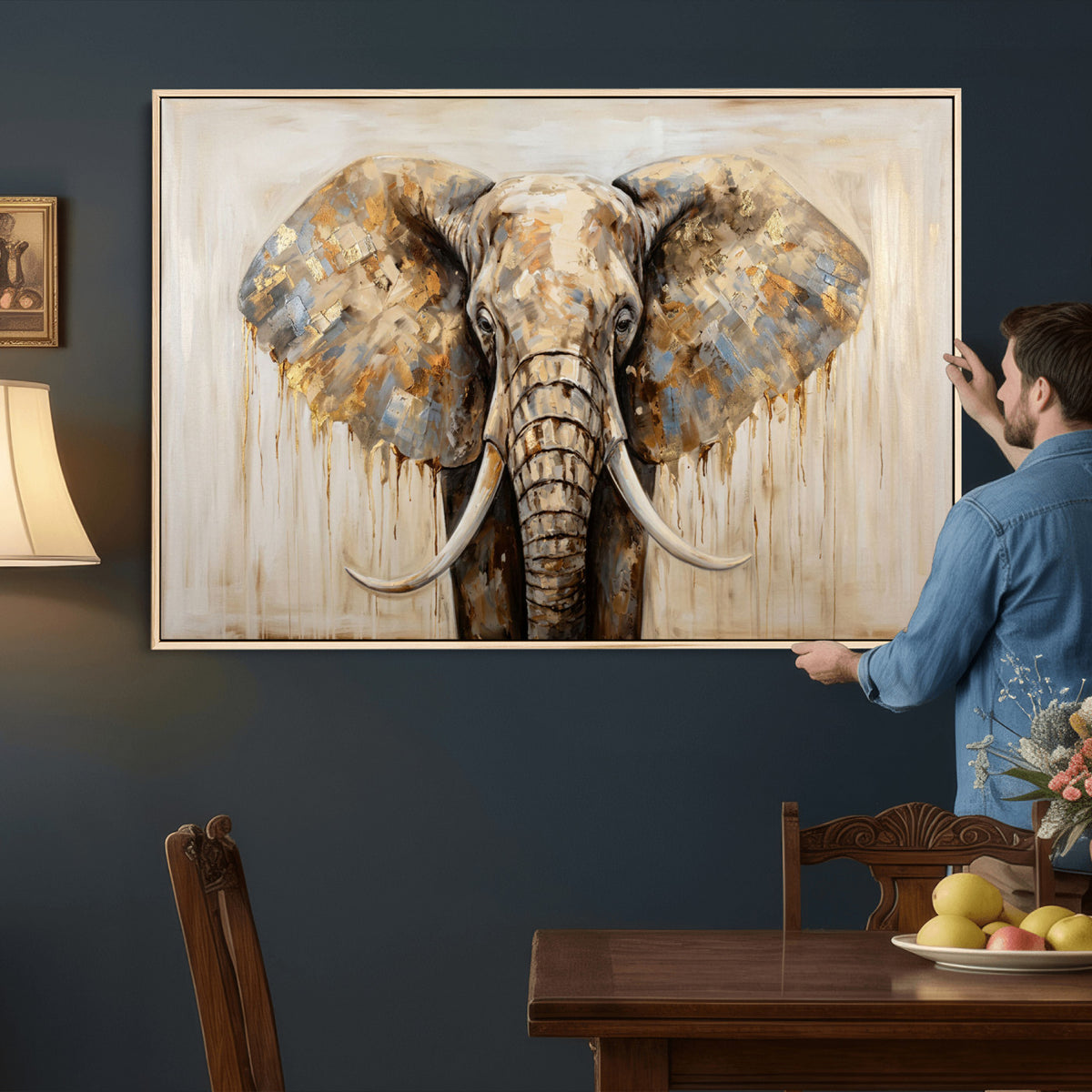 95819221-MGV-CV-36X24 - Gold Leaf Elephant Canvas Wall Art Abstract African Wildlife Painting Print
