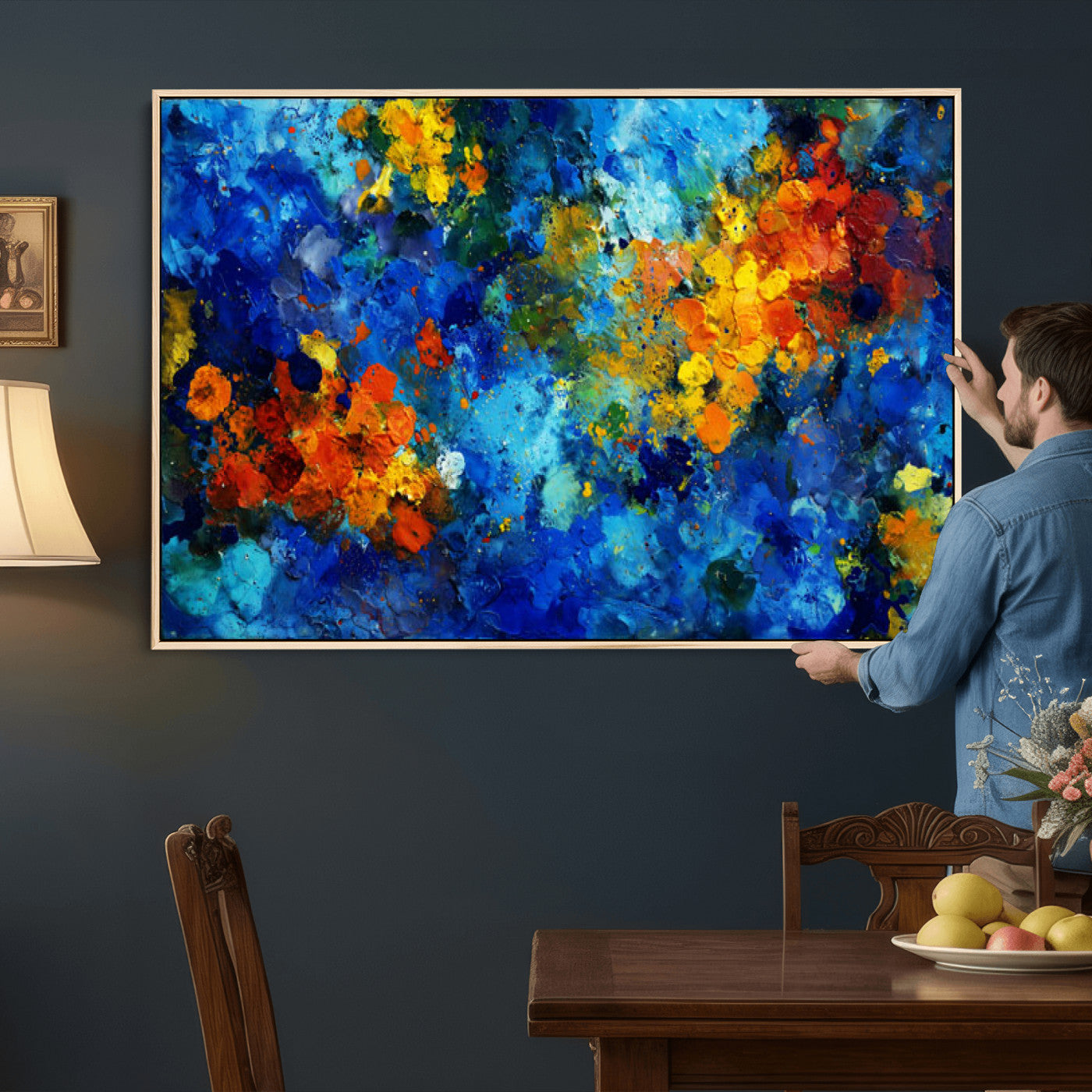 52431611-MGV-CV-36X24 - Vibrant Blue Abstract Canvas Wall Art Colorful Impasto Oil Painting Print