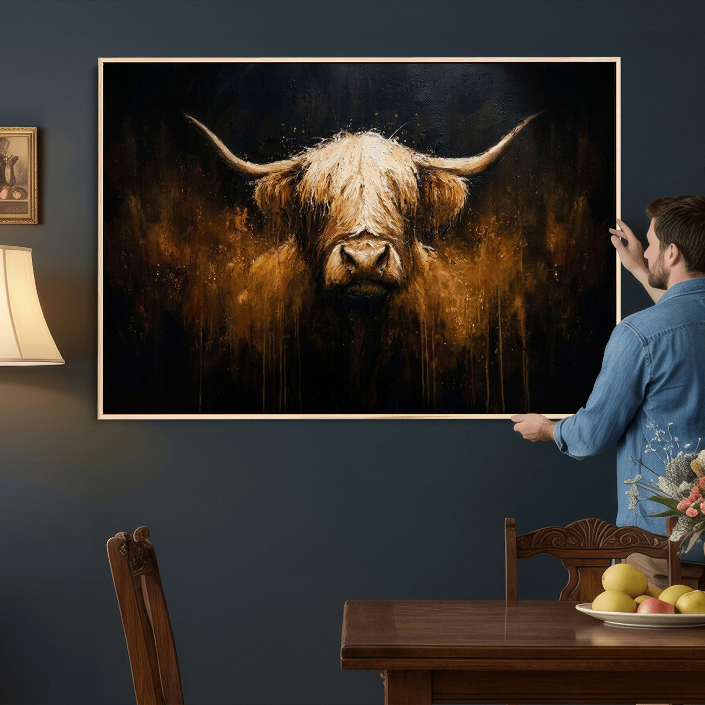79873059-MGV-CV-36X24 - Rustic Highland Cow Canvas Print Dark Farmhouse Cattle Wall Decor