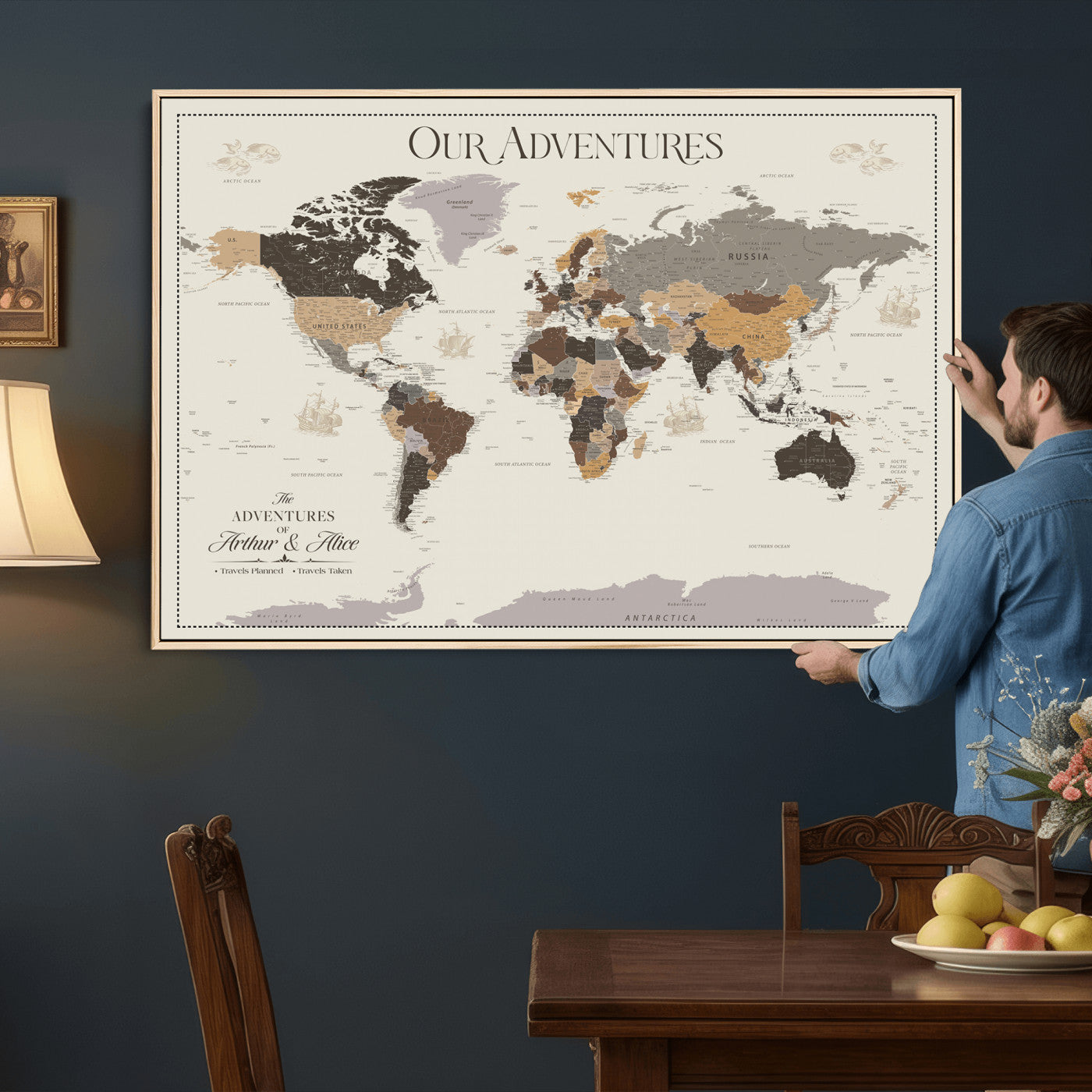 58777746A-MGV-CV-36X24 - Push Pin Customize World Map Wall Art Canvas Print, Modern Decorative Framed Map Artwork Prints for Living Room, Office, Bedroom Wall Decor