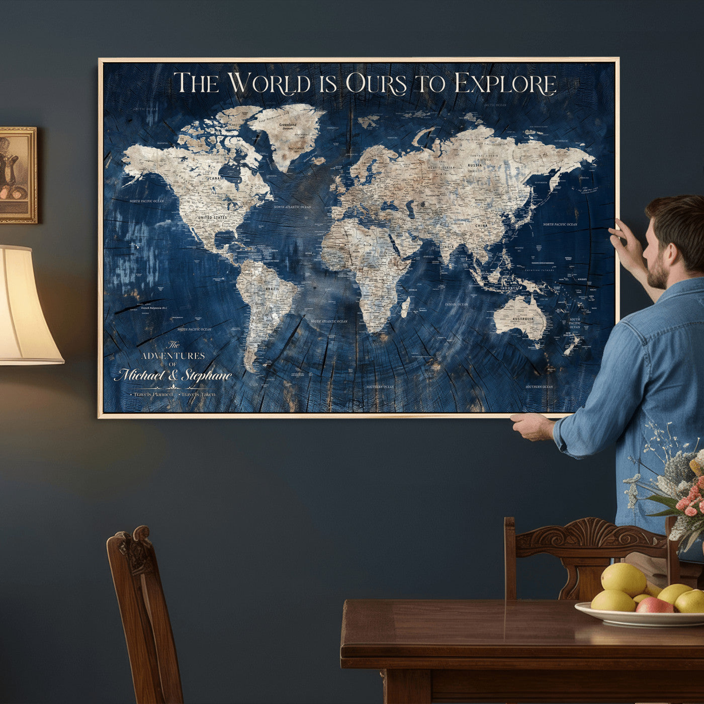 NEWMAP-5-MGV-CV-36X24 - Push Pin Customize World Map Wall Art Canvas Print, Modern Decorative Framed Map Artwork Prints for Living Room, Office, Bedroom Wall Decor - NEWMAP-5