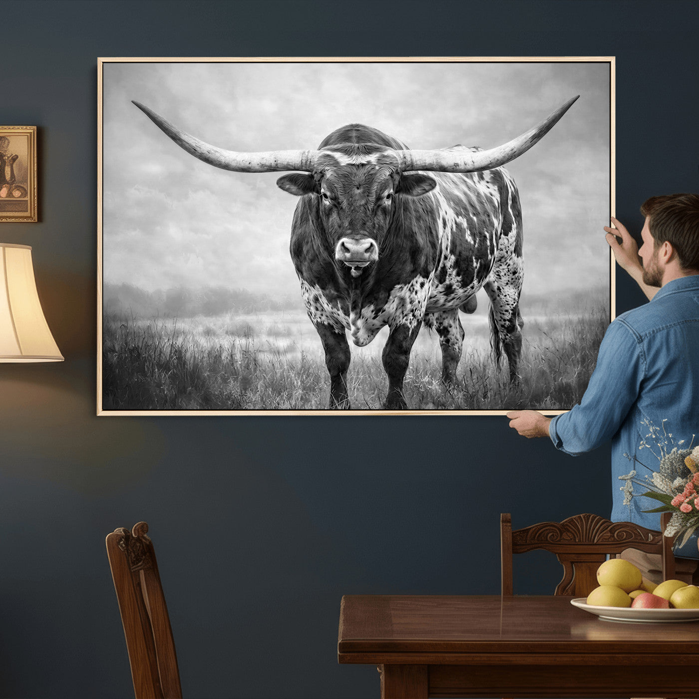 11121585-MGV-CV-36X24 - Texas Bull Wall Art Canvas Print for Farmhouse Restaurant Wall Decor