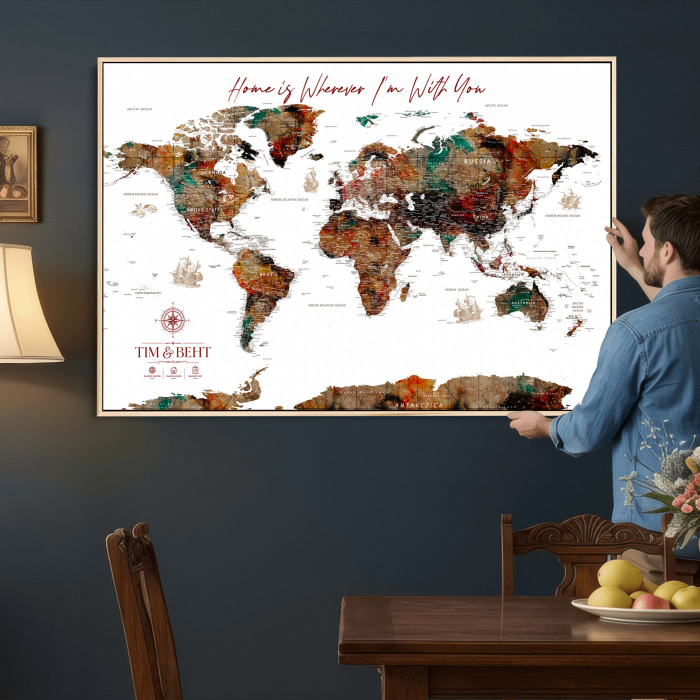 116MESUT-MGV-CV-36X24 - Custom Push Pin World Map Canvas Print – Personalized Travel Map Wall Art