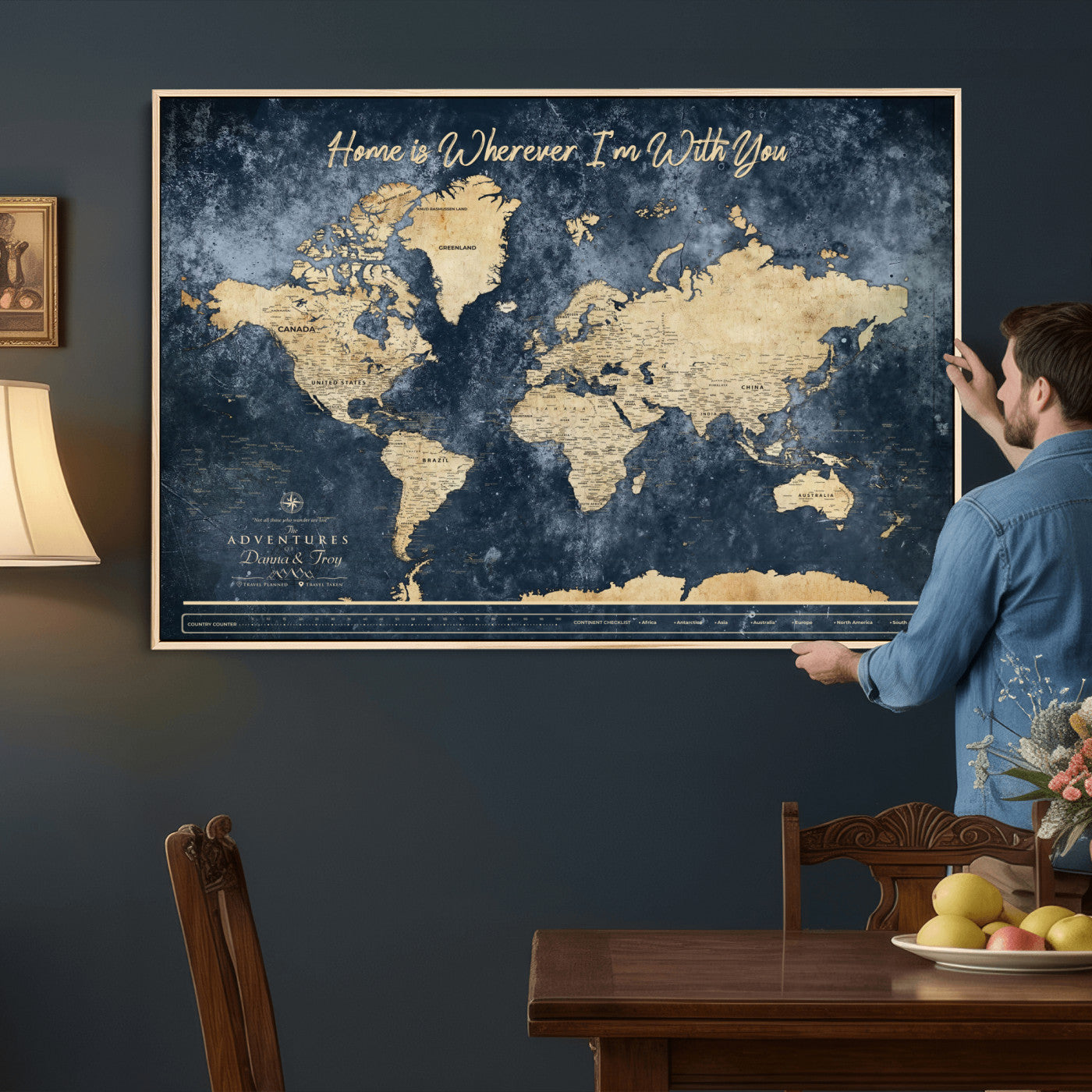 400867BL-MGV-CV-36X24 - Framed Blue Custom Push Pin World Map Canvas Print – Personalized Travel Map Wall Art