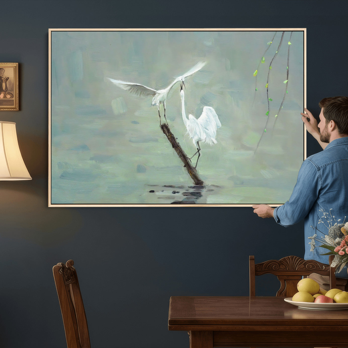 91124838-MGV-CV-36X24 - Two White Egrets on Marsh Branch Wall Art Canvas Print - Vintage Style Coastal Bird Poster