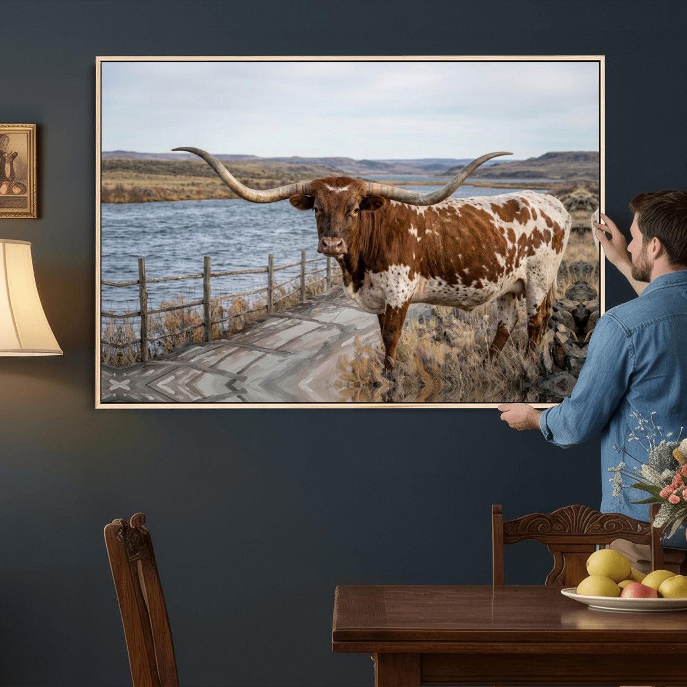 91575949-MGV-CV-36X24 - Texas Longhorn Cattle in Desert Pasture Wall Art Canvas Print - Rustic Western Decor