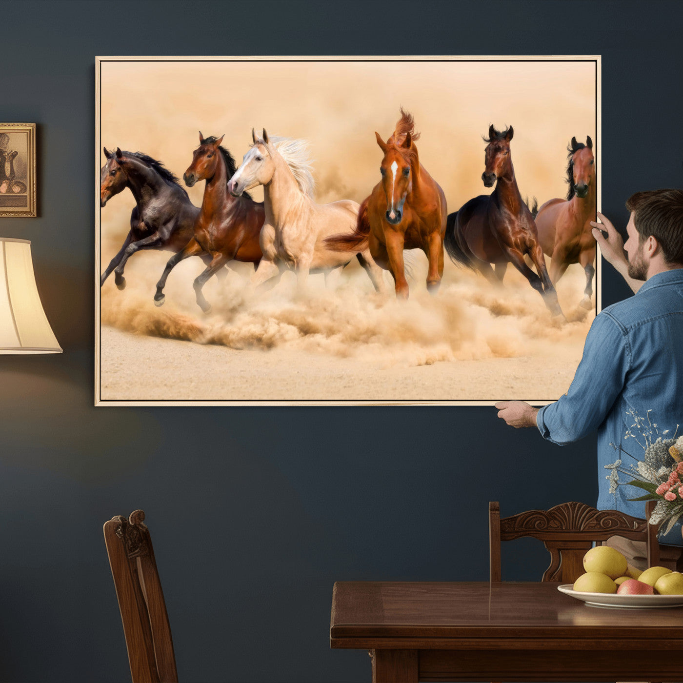 90610949-MGV-CV-36X24 - Herd of Six Wild Horses Galloping in Dust Storm Wall Art Canvas Print - Majestic Wildlife Decor