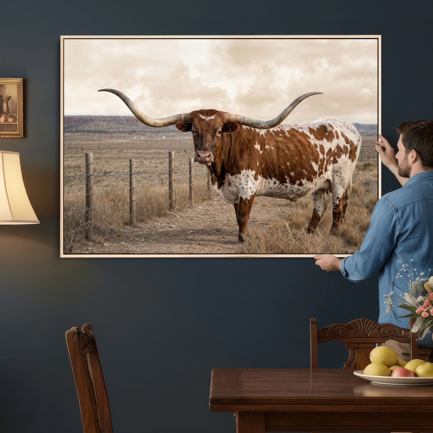 22808364-MGV-CV-36X24 - Texas Longhorn Cattle in Desert Pasture Wall Art Canvas Print - Rustic Western Decor