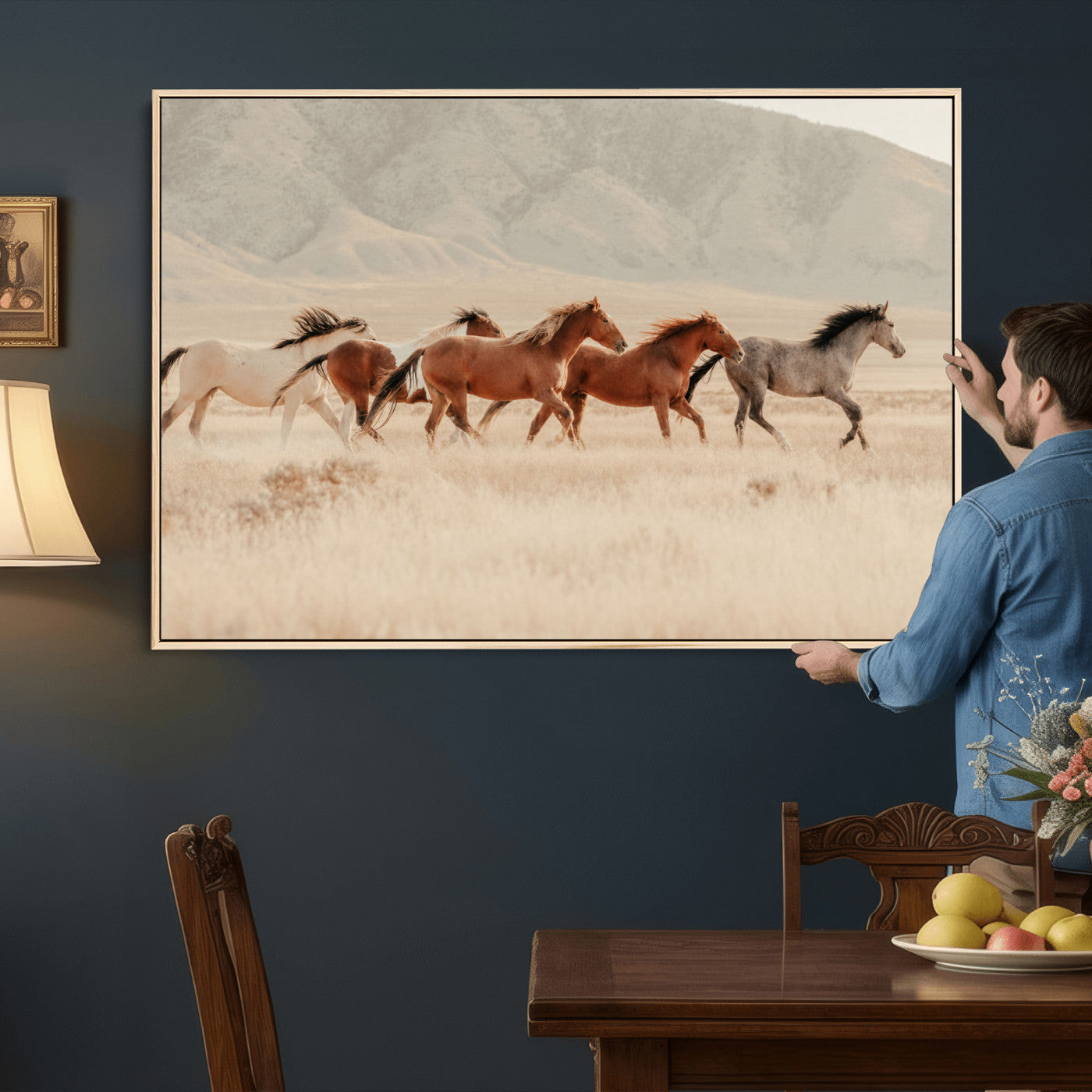 43348446-MGV-CV-36X24 - Herd of Wild Horses Running in Desert Mountain Wall Art Canvas Print - Boho Western Landscape