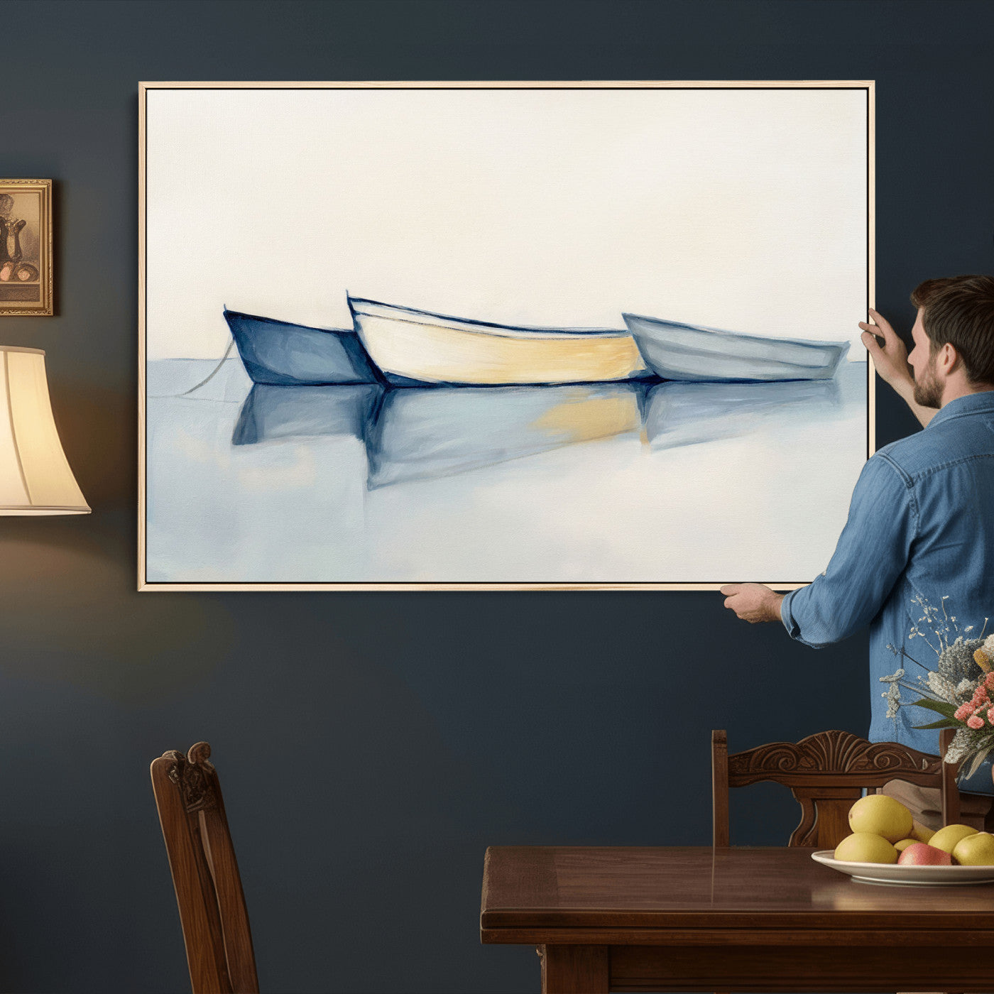 84017361-MGV-CV-36X24 - Abstract Three Boats Reflecting on Water Wall Art Canvas Print - Minimalist Coastal Seascape
