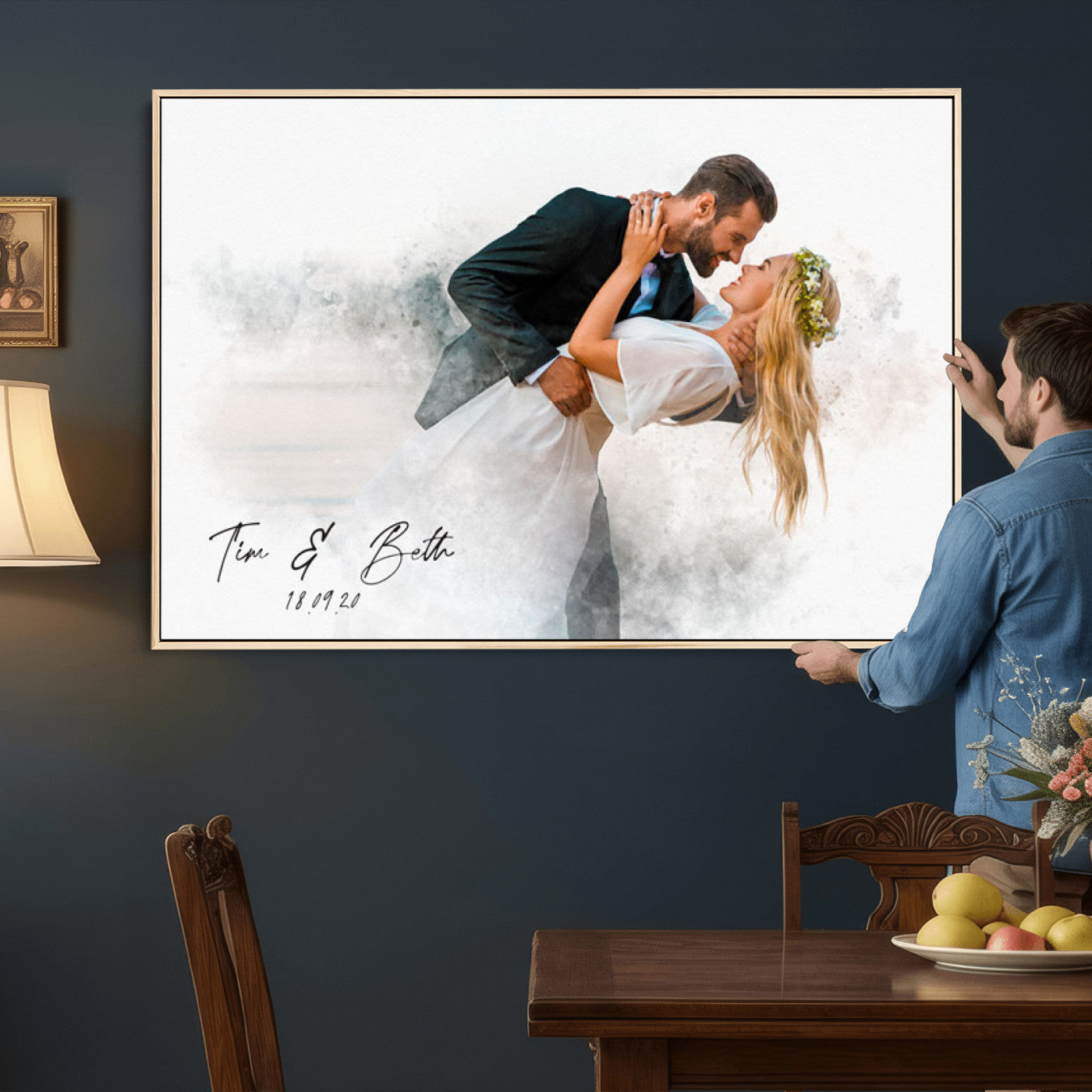 39726003-MGV-CV-36X24 - Watercolor Couple Portrait from Photo, Custom Wedding Anniversary Gift for Wife Husband Parents, Engagement Gift for Friend