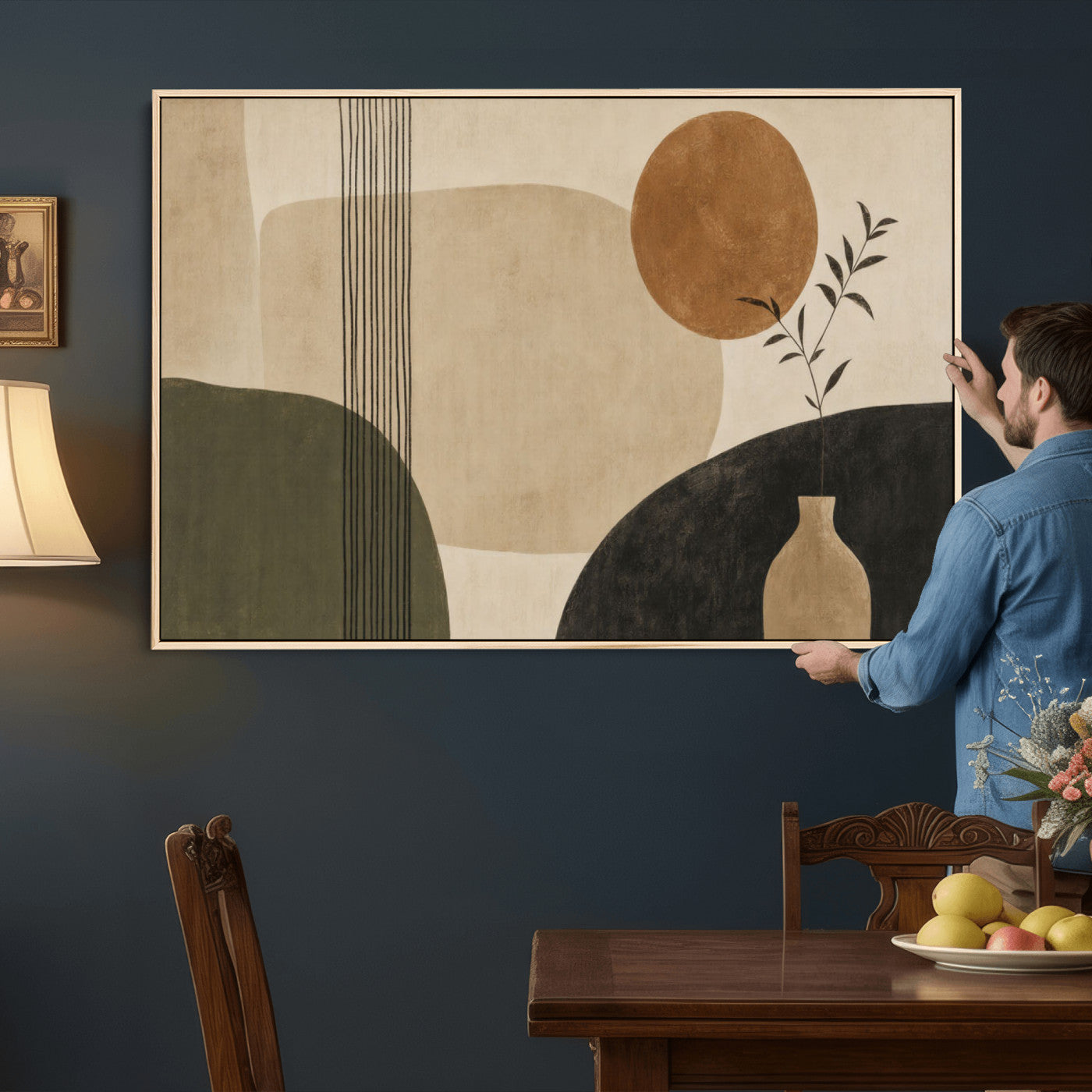 29113684-MGV-CV-36X24 - Japandi Minimalist Abstract Wall Art Canvas Print, Sage Green and Terracotta Sun Botanical Painting Print