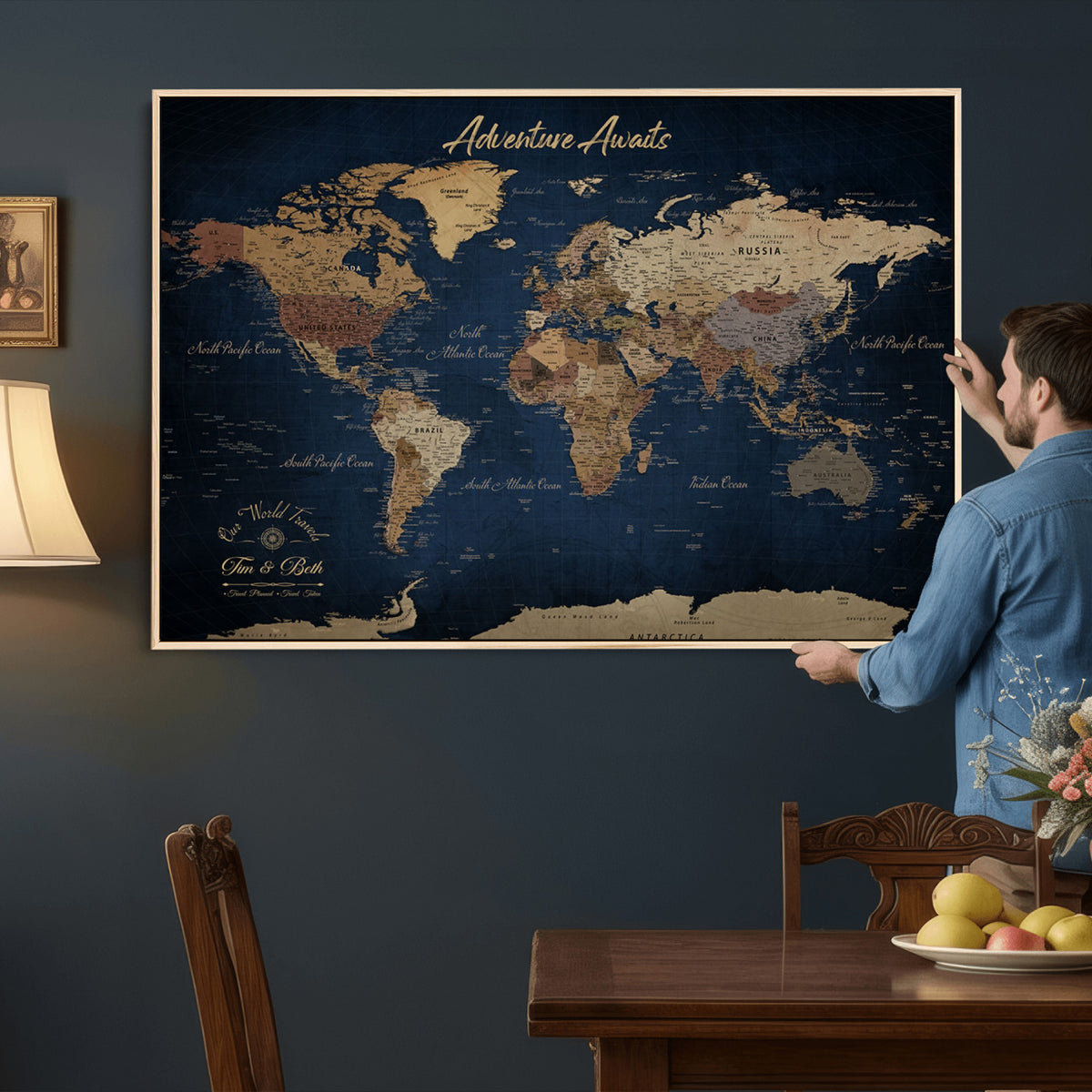 74477969-MGV-CV-36X24 - Custom Push Pin World Map Canvas | Personalized Travel Tracker | Wedding Anniversary Gift for Couples | Adventure Map Wall Art with Pins