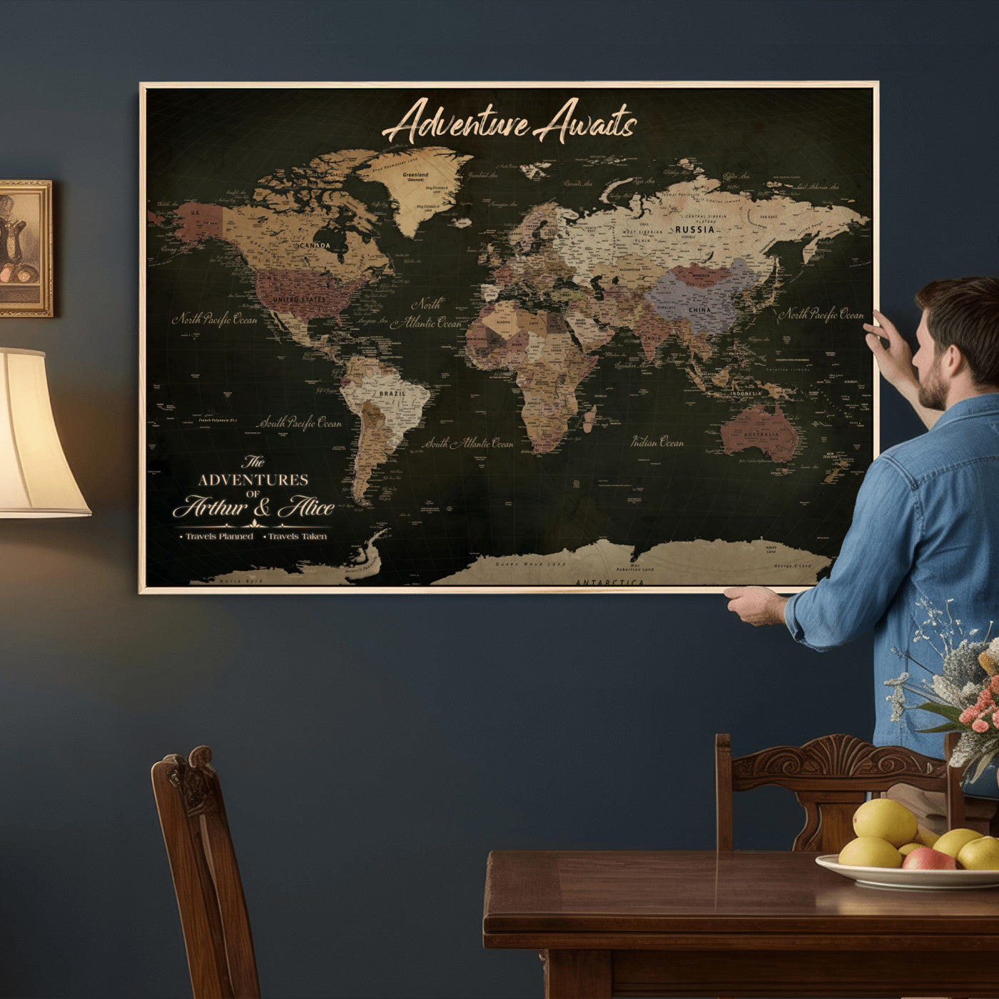 46935759-MGV-CV-36X24 - Custom Push Pin World Map Canvas | Personalized Travel Tracker | Wedding Anniversary Gift for Couples | Adventure Map Wall Art with Pins