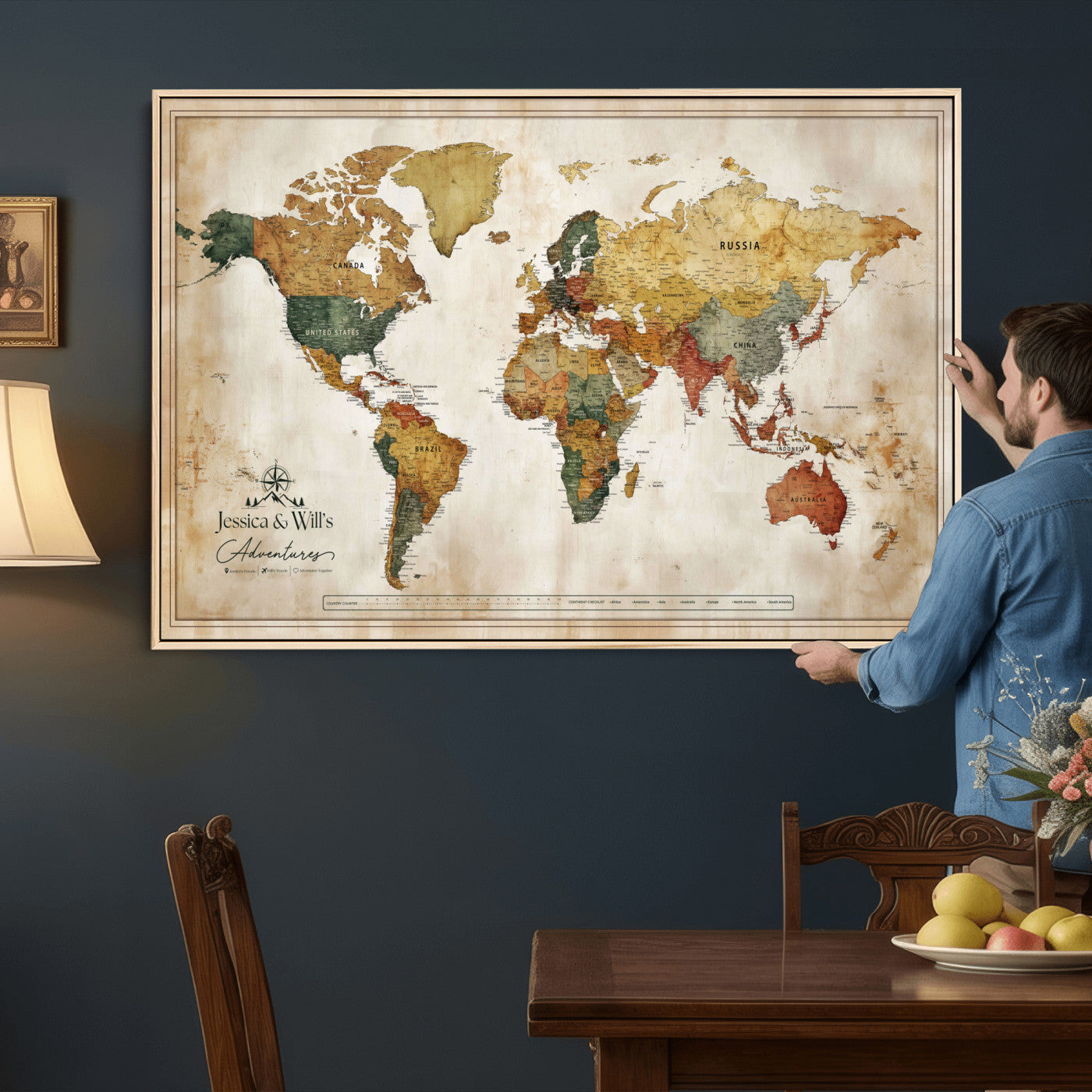 19542567-MGV-CV-36X24 - Custom Push Pin World Map Canvas | Personalized Travel Tracker | Wedding Anniversary Gift for Couples | Adventure Map Wall Art with Pins