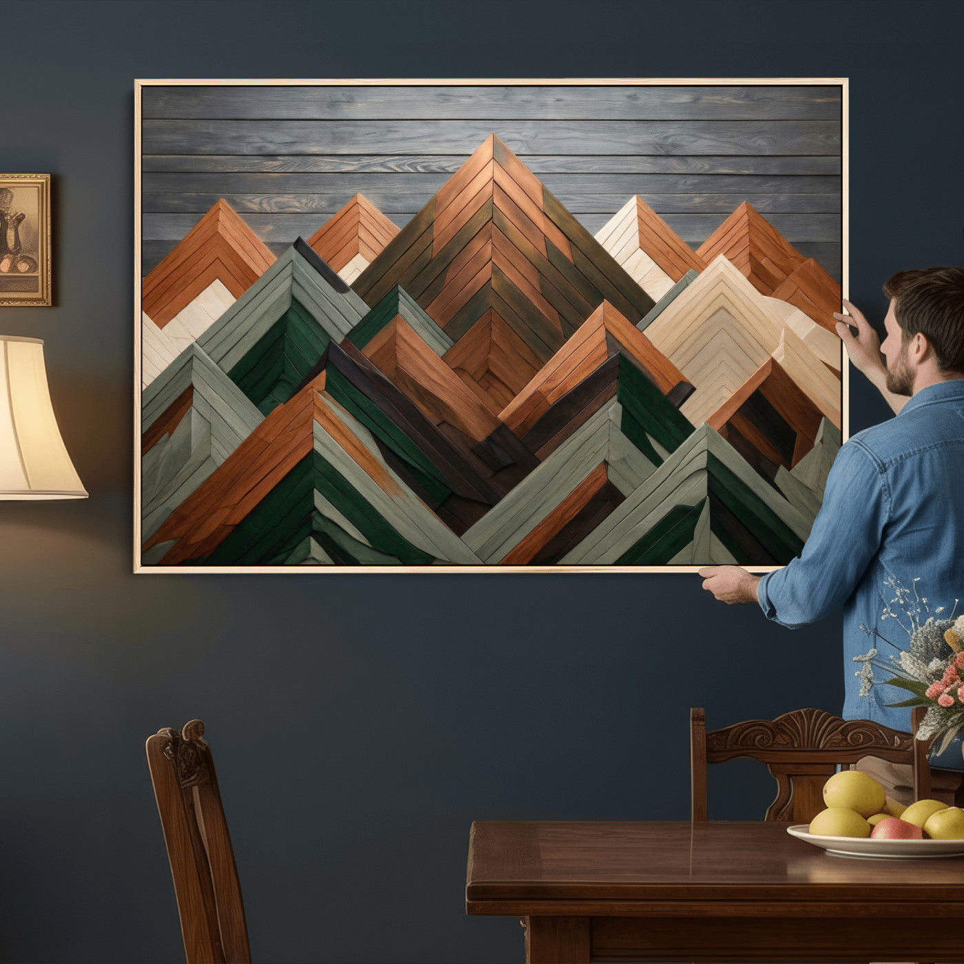 84617347-MGV-CV-36X24 - Geometric Wood Mountain Wall Art Canvas Print, 3D Look Rustic Mosaic Landscape Print