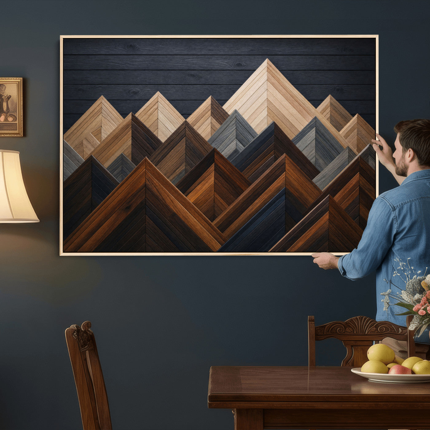 70531117-MGV-CV-36X24 - Geometric Wood Mountain Wall Art Canvas Print, 3D Look Rustic Mosaic Landscape Print