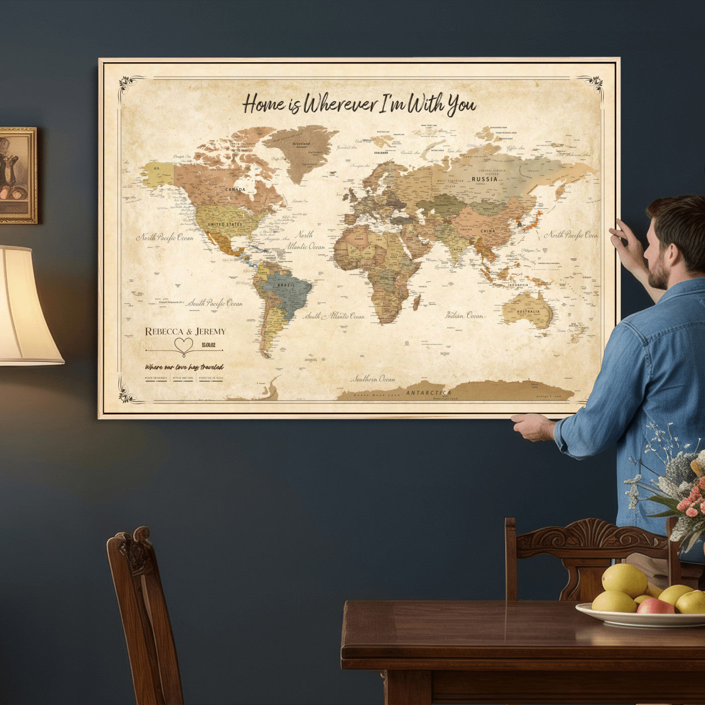 40086165SP-MGV-CV-36X24 - Custom Push Pin Travel Map Canvas Print, Cream Personalized Travel Tracker Map, Anniversary Gift, Vintage World Map Wall Art