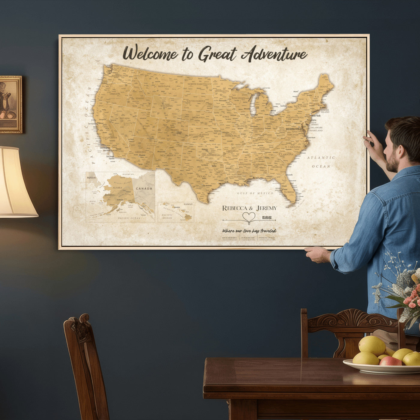 81437082-MGV-CV-36X24 - Custom Push Pin Travel USA Map Canvas Print, Cream Personalized Travel Tracker America Map, Anniversary Traveler Gift