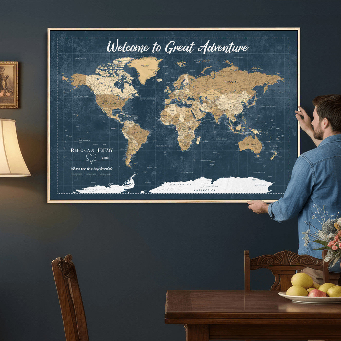 57167164-MGV-CV-36X24 - Custom Push Pin Travel Map Canvas Print, Cream Personalized Travel Tracker Map, Anniversary Gift, Vintage World Map Wall Art