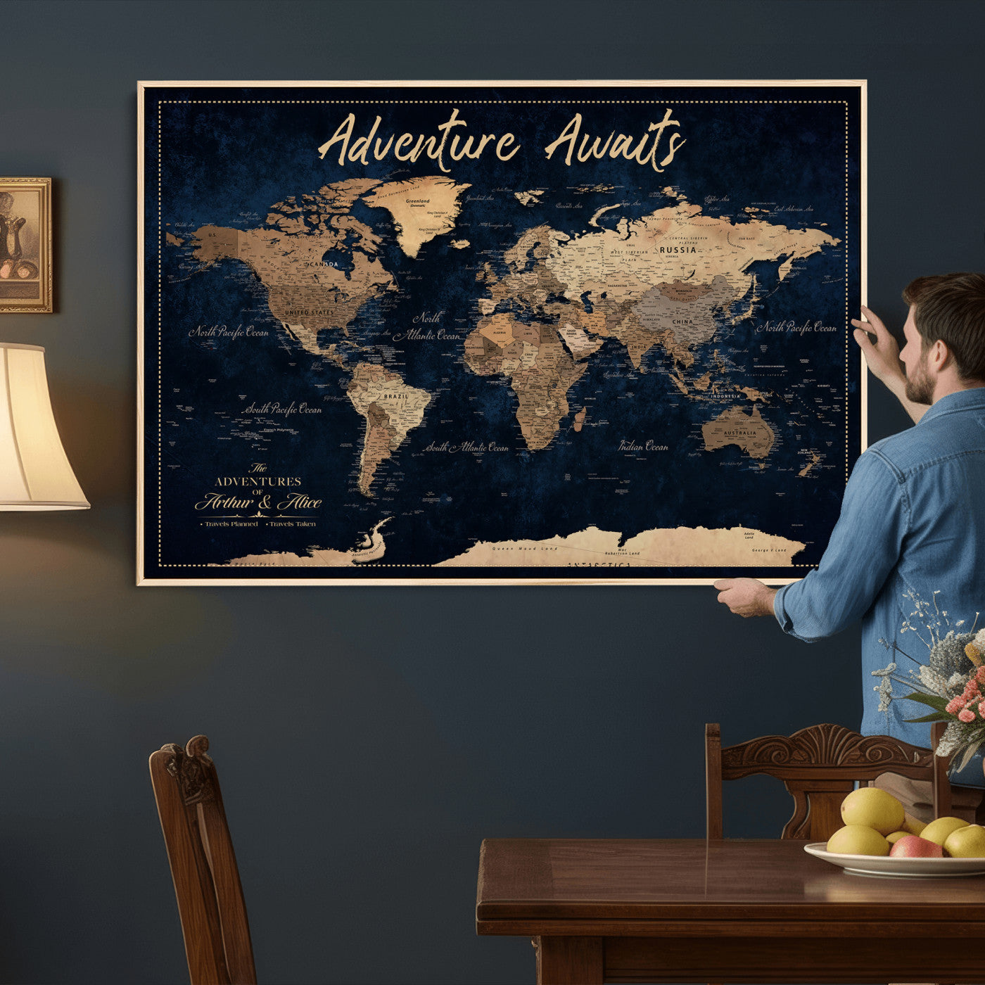 57167164-MGV-CV-36X24 - Custom Push Pin Travel Map Canvas Print, Navy Blue Personalized Travel Tracker Map, Anniversary Gift, Vintage World Map Wall Art