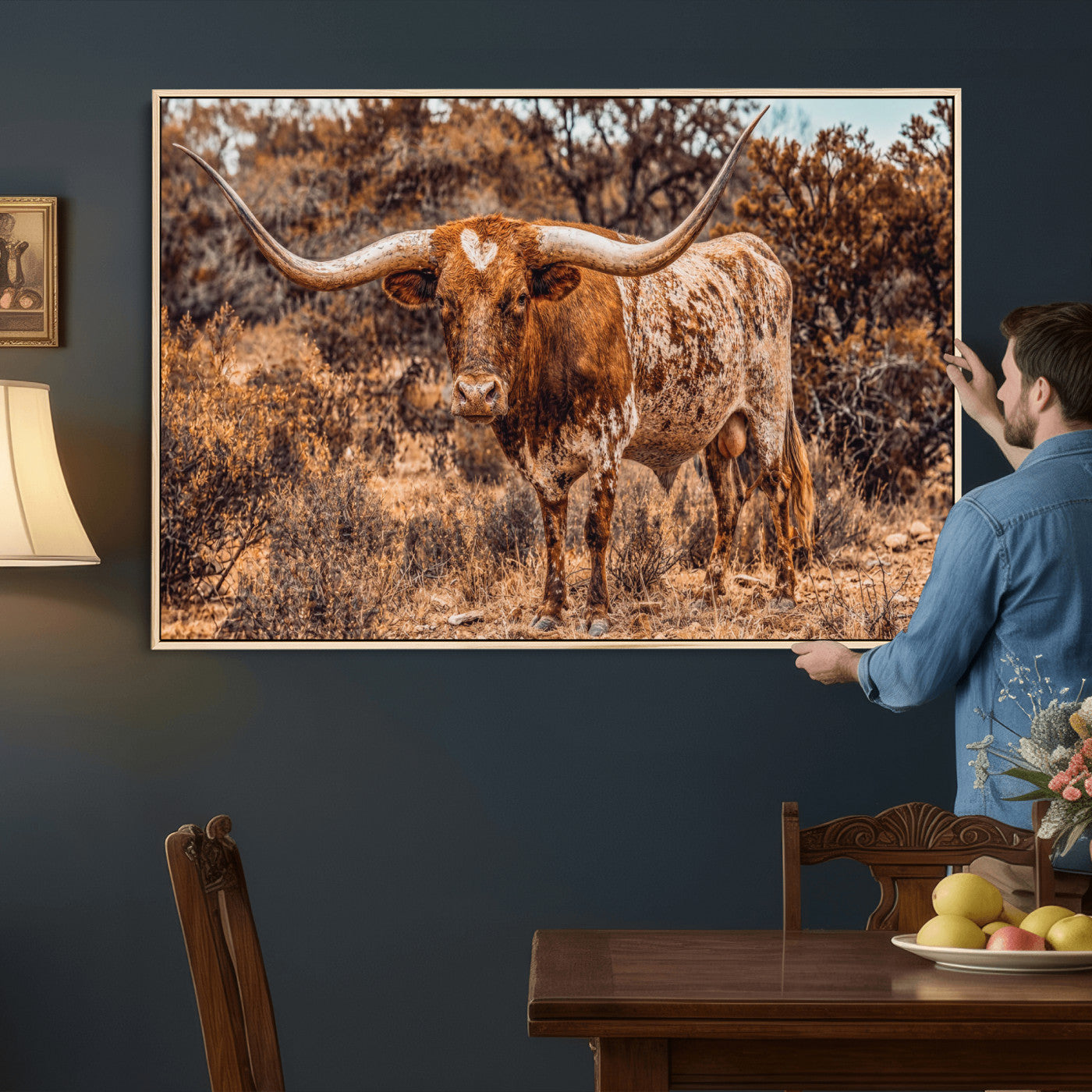 62076449-MGV-CV-36X24 - Texas Cow Bull Longhorn Print for Western Wall Art Decor for Farmhouse