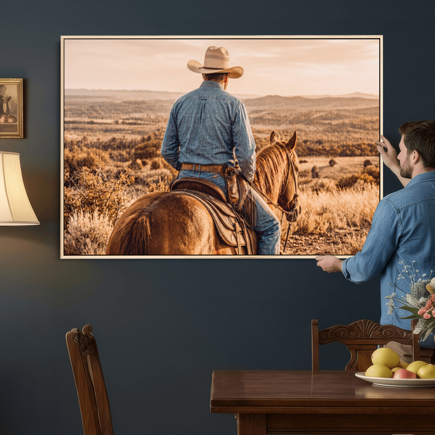 62076449-MGV-CV-36X24 - Texas Cowboy and Horse Print for Western Wall Art Decor for Farmhouse