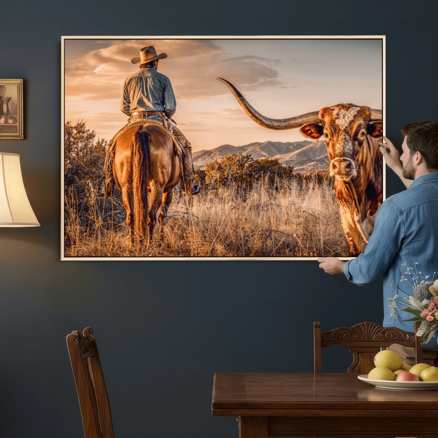62076449C-MGV-CV-36X24 - Texas Cowboy and Longhorn Bull Print for Western Wall Art Decor for Farmhouse