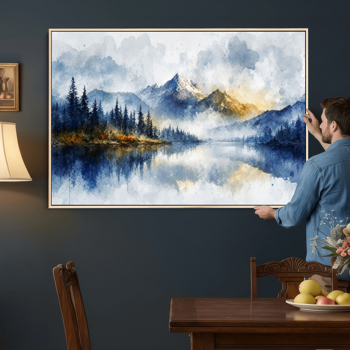 62076449DG-MGV-CV-36X24 - Abstract Watercolor Mountain Lake Wall Art Print for Living Room Decor