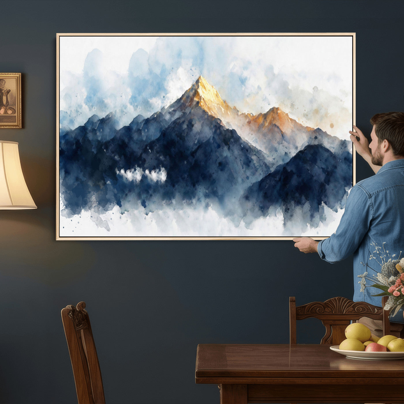 62076449DG1-MGV-CV-36X24 - Abstract Watercolor Mountain Lake Wall Art Print for Living Room Decor