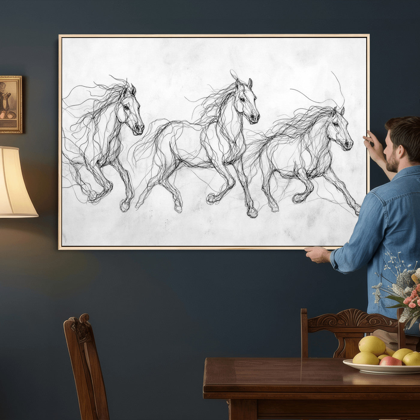 53600119-MGV-CV-36X24 - Monochrome Horse Canvas Wall Art, Black Ink Sketch Wild Horses Print, Minimalist Equestrian Artwork, Modern Abstract Line Decor, Urban Loft Gift
