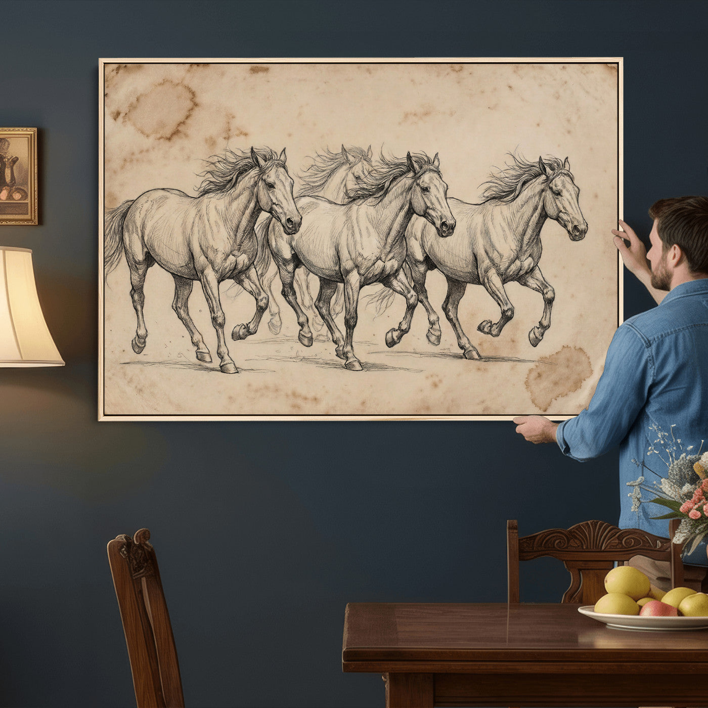 56046981-MGV-CV-36X24 - Sepia Wild Horses Canvas Art, Antique Pencil Drawing Print, Vintage Gallery Wall Decor, Rustic Equestrian Artwork, Traditional Den Gift