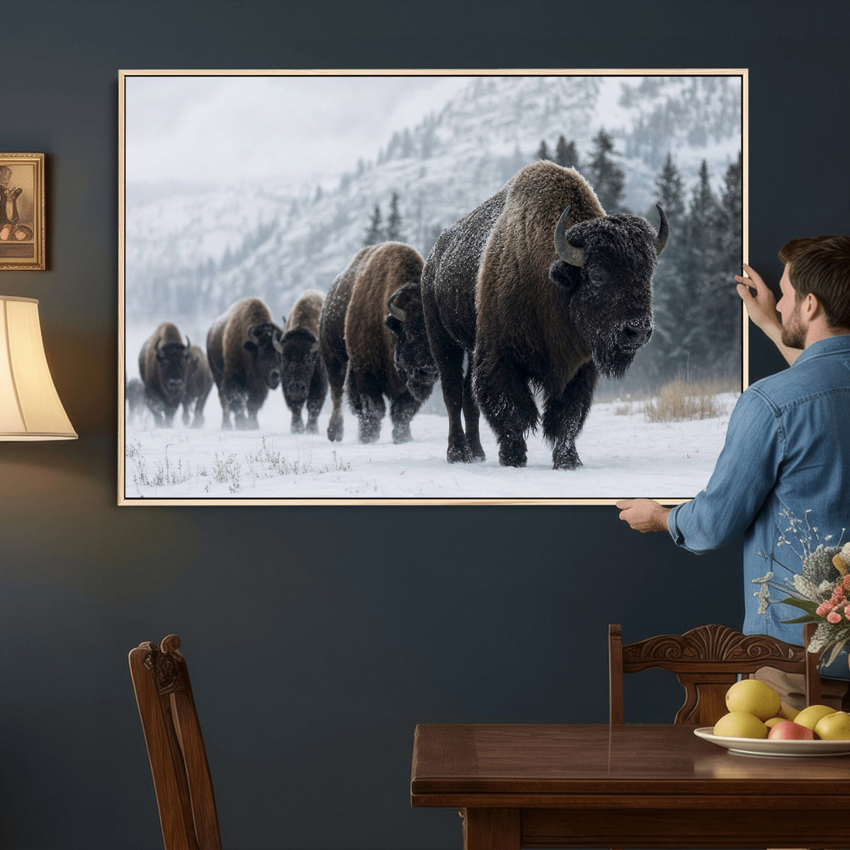 18343289-MGV-CV-36X24 - Rustic Bison Wall Art, American Buffalo Photo Print, Wildlife Canvas Artwork, Snowy Mountain Decor, Large Nature Poster, Cabin Gift Idea