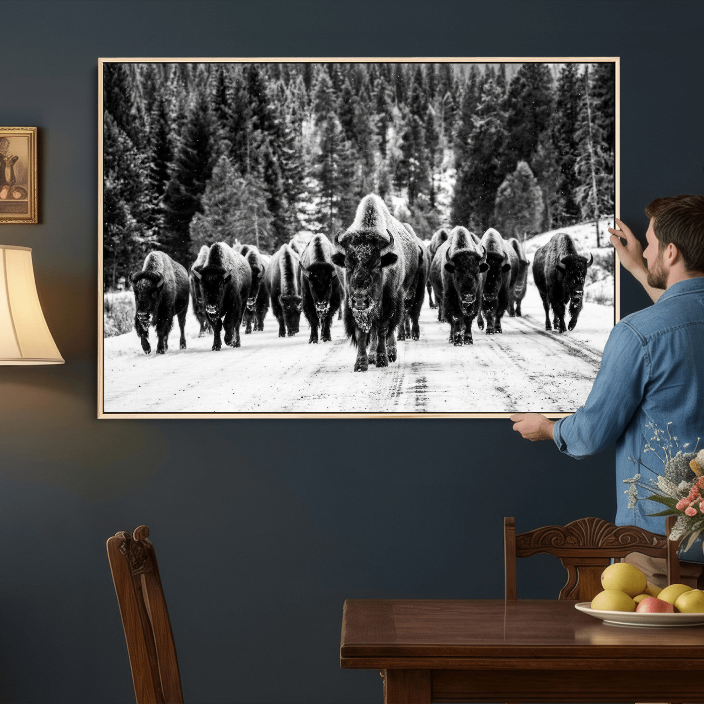 79337077-MGV-CV-36X24 - Black and White Bison Canvas Art, American Buffalo Print, Winter Wildlife Photography, Rustic Forest Wall Decor, Large Statement Nature Gift