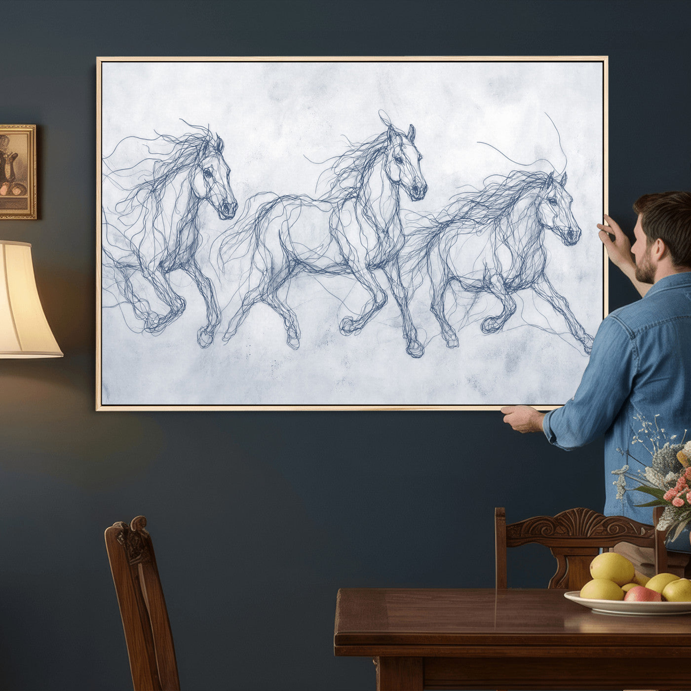 41163601-MGV-CV-36X24 - Indigo Blue Horse Line Art Canvas, Steel Grey Wild Horses Print, Abstract Navy Scribble Artwork, Modern Slate Equine Wall Decor, Coastal Ranch Gift