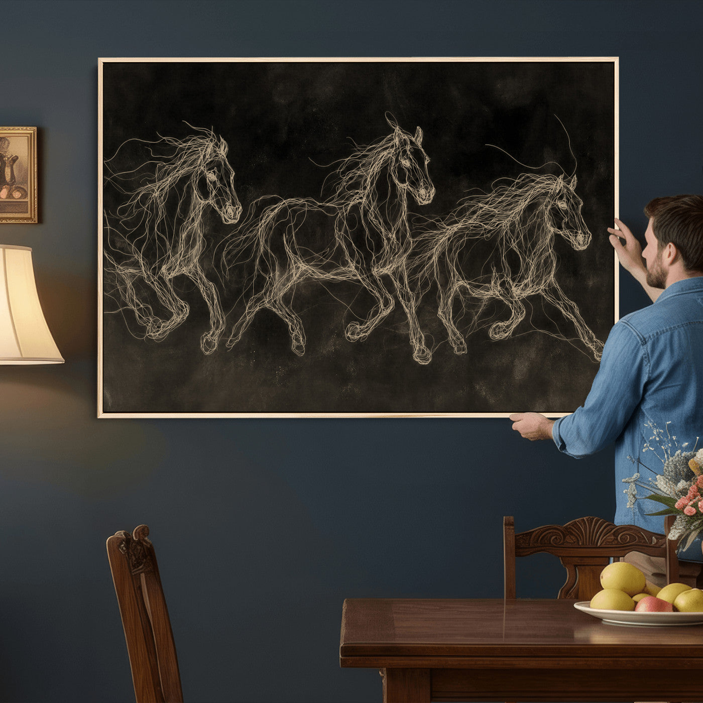15344242-MGV-CV-36X24 - Dark Horse Line Art Canvas, Gold Scribble Wild Horses Print, Black Chalkboard Wall Art, Modern Luxury Equine Decor, Masculine Office Gift