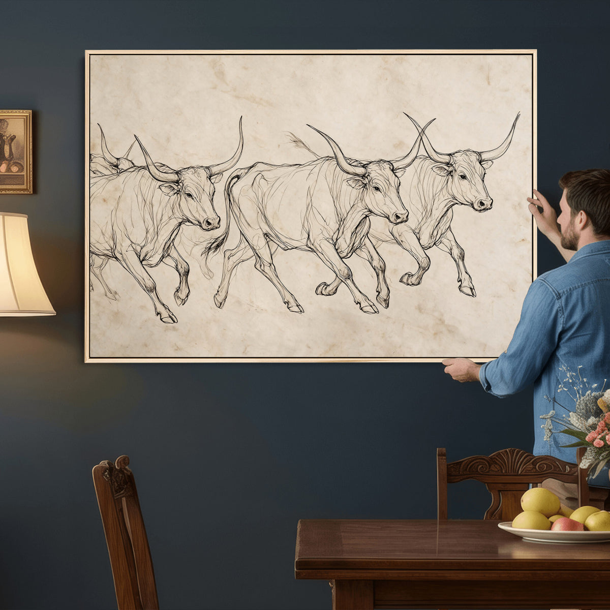 87177621-MGV-CV-36X24 - Minimalist Longhorn Line Art, Modern Texas Bull Canvas Print, Abstract Western Wall Decor, Continuous Line Artwork, Black White Ranch Gift