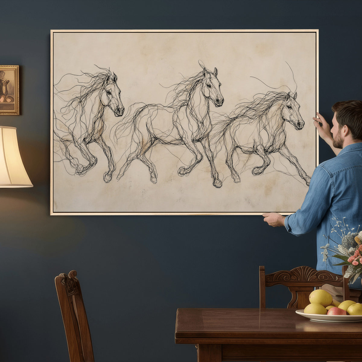 81051673-MGV-CV-36X24 - Abstract Horse Line Art Canvas, Gesture Sketch Wild Horses Print, Modern Scribble Artwork, Minimalist Equine Wall Decor, Rustic Studio Gift