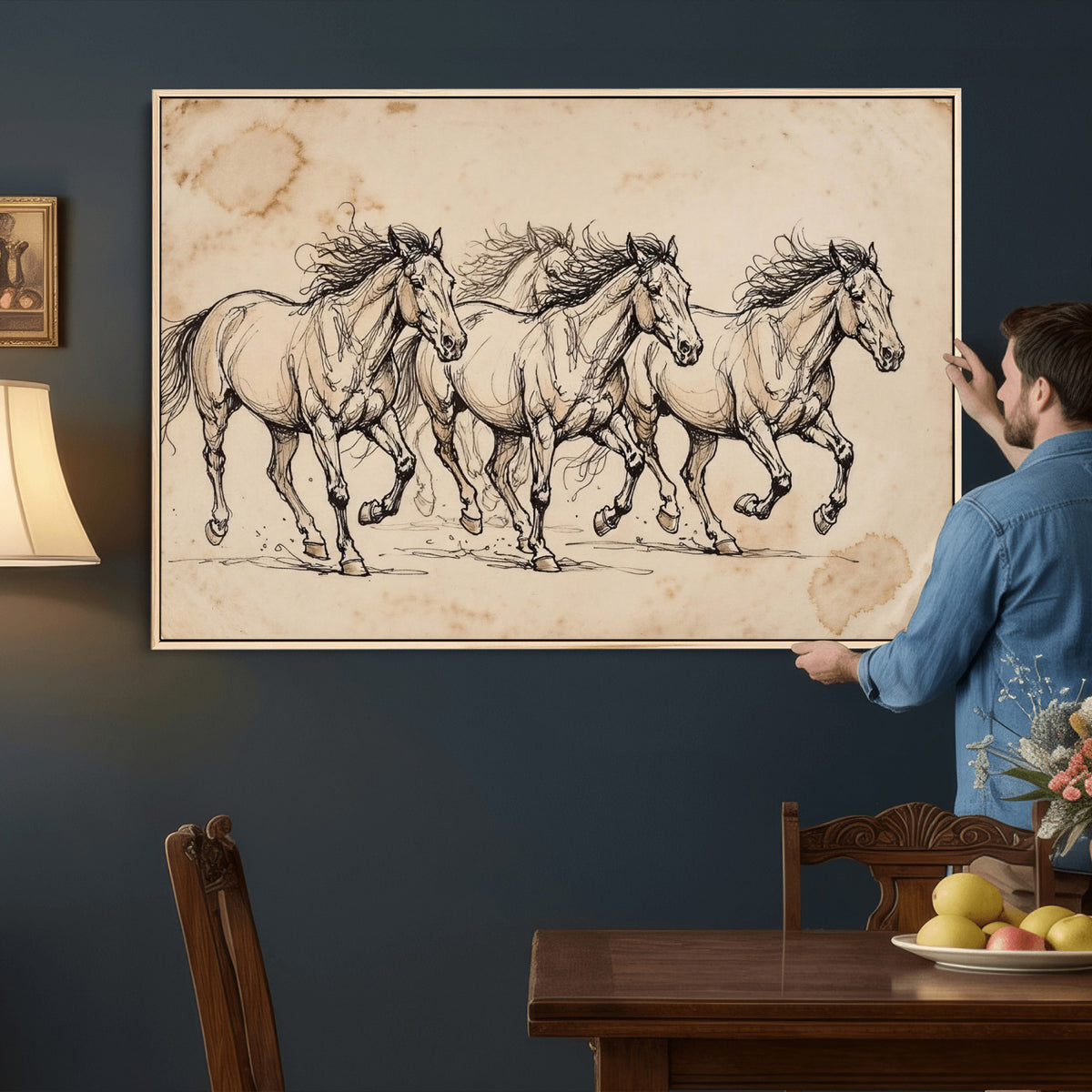18242163-MGV-CV-36X24 - Vintage Horse Sketch Canvas Wall Art, Wild Horses Pencil Drawing Print, Antique Parchment Western Decor, Equine Sketching, Country Manor Gift