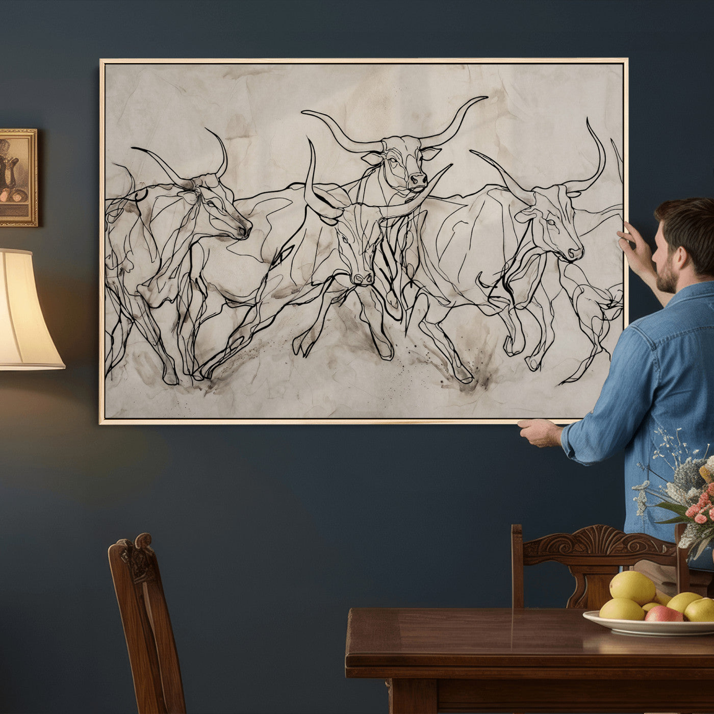 16671245-MGV-CV-36X24 - Minimalist Longhorn Line Art, Modern Texas Bull Canvas Print, Abstract Western Wall Decor, Continuous Line Artwork, Black White Ranch Gift