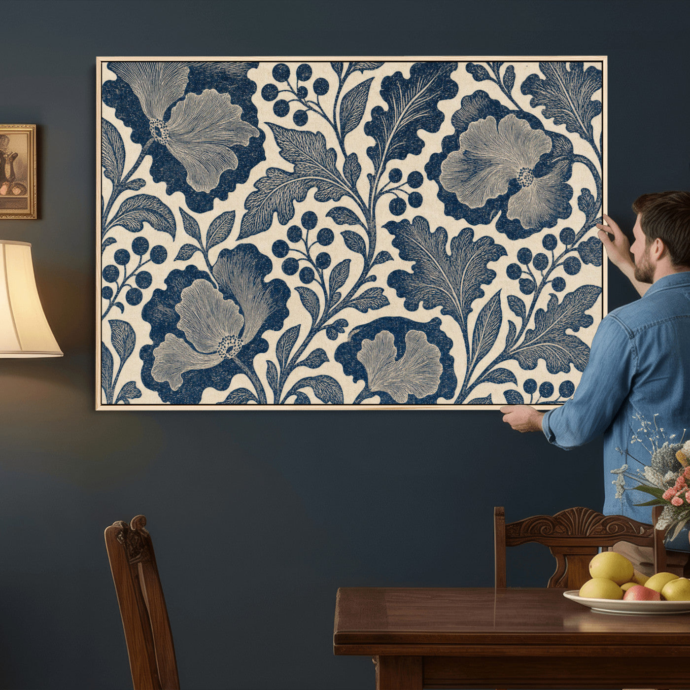 23824002-MGV-CV-36X24 - William Morris Style Navy Blue Floral Wall Art Canvas Print, Vintage Cream Botanical Painting Print
