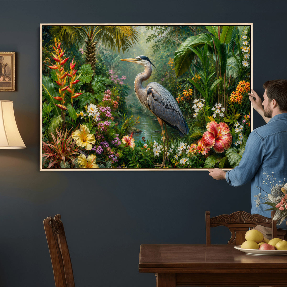 81059387-MGV-CV-36X24 - Great Blue Heron Tropical Jungle Wall Art Canvas Print, Exotic Botanical Garden Painting Print