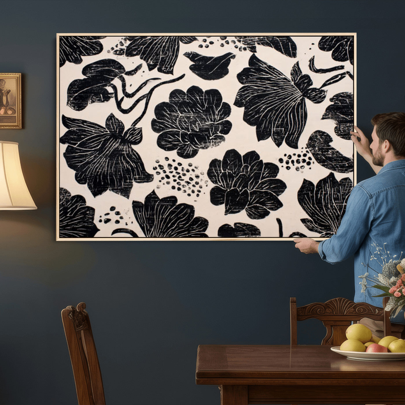 81787117-MGV-CV-36X24 - Linocut Black Lotus Floral Wall Art Canvas Print, Vintage Monochrome Botanical Painting Print