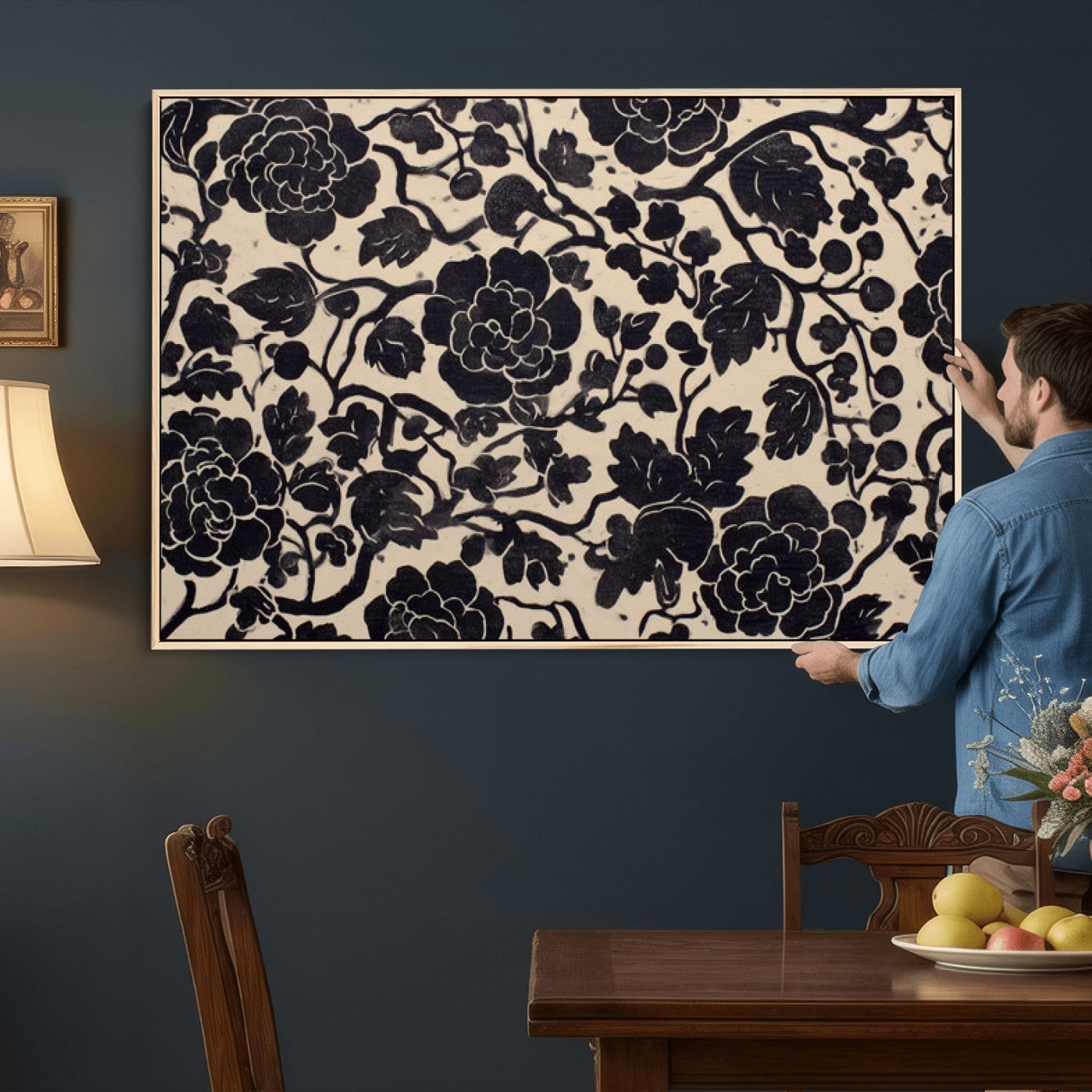 86696255-MGV-CV-36X24 - Vintage Black and Cream Floral Wall Art Canvas Print, Chinoiserie Botanical Painting Print