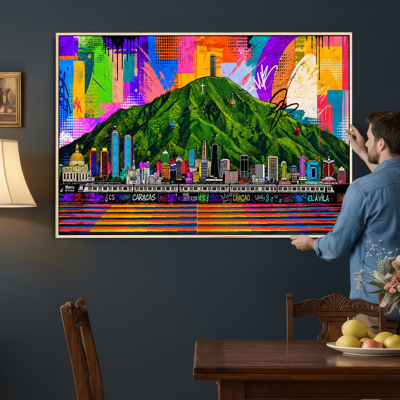 86696255-MGV-CV-36X24 - Mount Ávila, Caracas, Venezuela Wall Art Print by Artist Yorlette - Graffiti Caracas Skyline Canvas Art, Colorful Street Artwork - Venezuela El Avila Poster Print