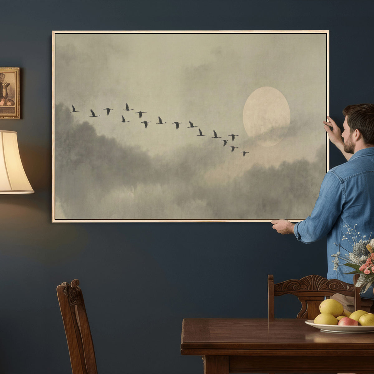 1209814B-MGV-CV-36X24 - Flying Cranes Canvas Wall Art, Misty Landscape with Moon, Sage Green Japandi Decor, Framed Print