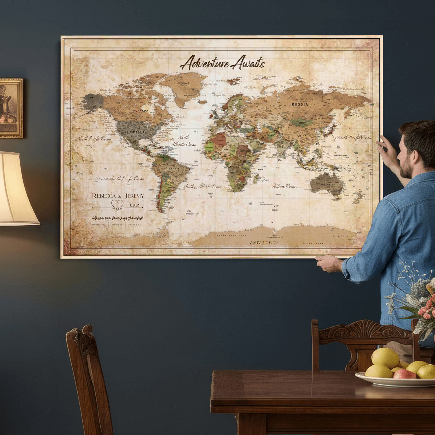 1954256765-MGV-CV-36X24 - Custom Push Pin World Map Canvas PRINT | Personalized Travel Tracker | Wedding Anniversary Gift