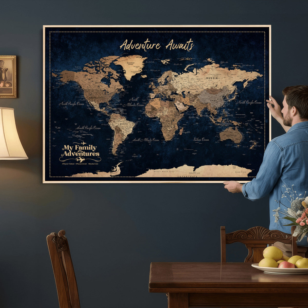 82827666-MGV-CV-36X24 - Our Family Adventures Push Pin World Map Wall Art Canvas Print - Family Travel Tracker Map with Pins